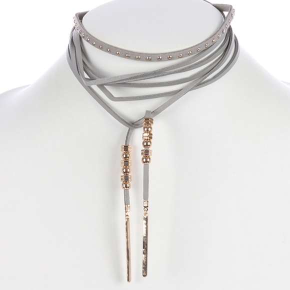 Ginga's Galleria Jewelry - 2 PC Grey & Gold Stud Leather Choker Necklace